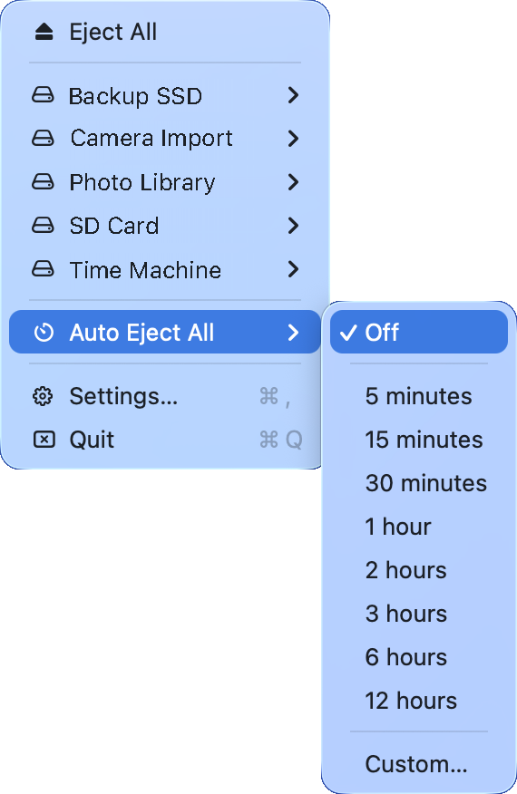 The Auto Eject All submenu with timer options from 5 minutes to 12 hours