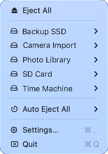 The Ejectify menu on macOS listing five external drives with an Eject All command