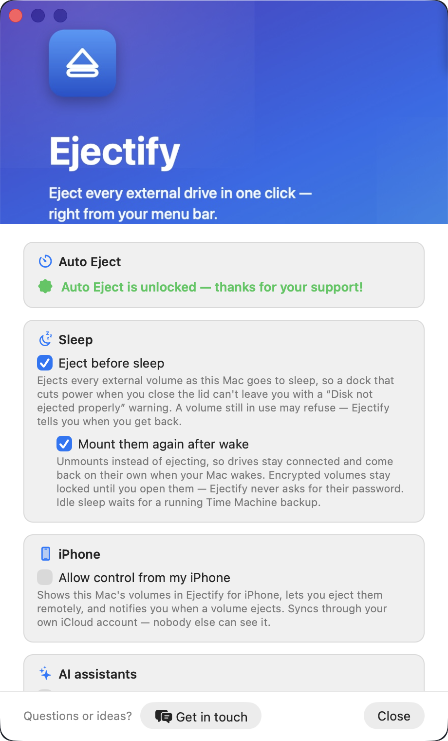 The Ejectify Settings window with switches for Eject before sleep, iPhone control and AI assistants