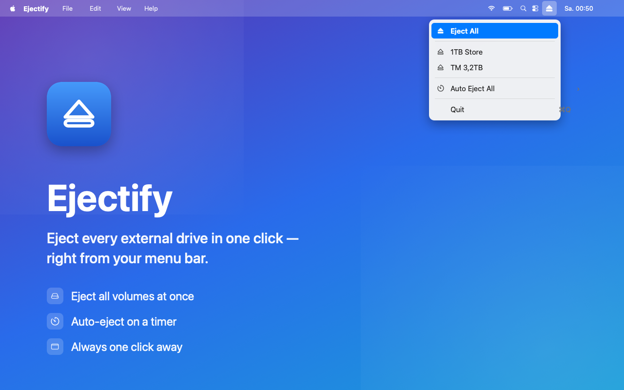 Ejectify menu bar app showing the Eject All menu on macOS